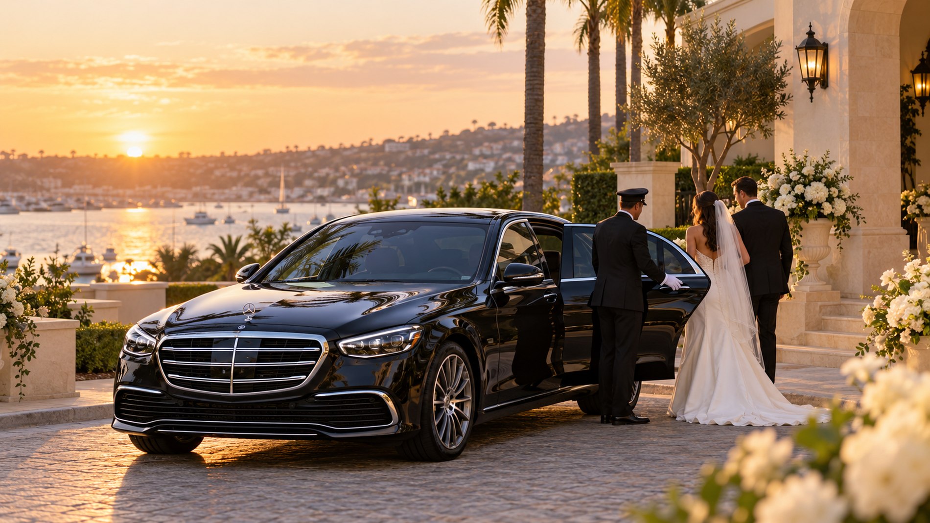 Chauffeur holding the door for a bride and groom at sunset